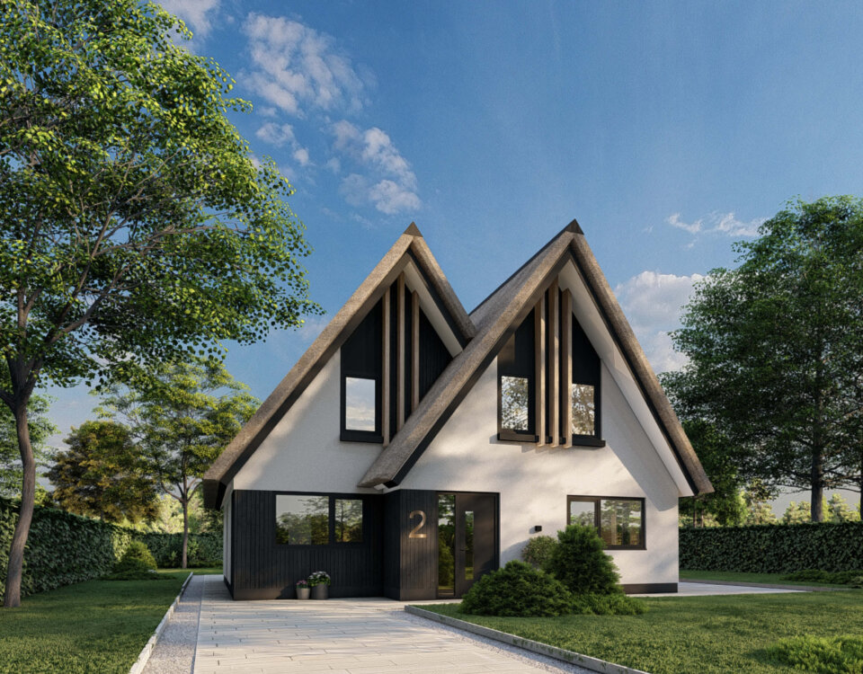 Op de 3D visualisatie is vrijstaande woning Leijen met stucwerk te zien van Innoblox. Een conceptwoning voor een vlot bouwproces bij Innoblox.