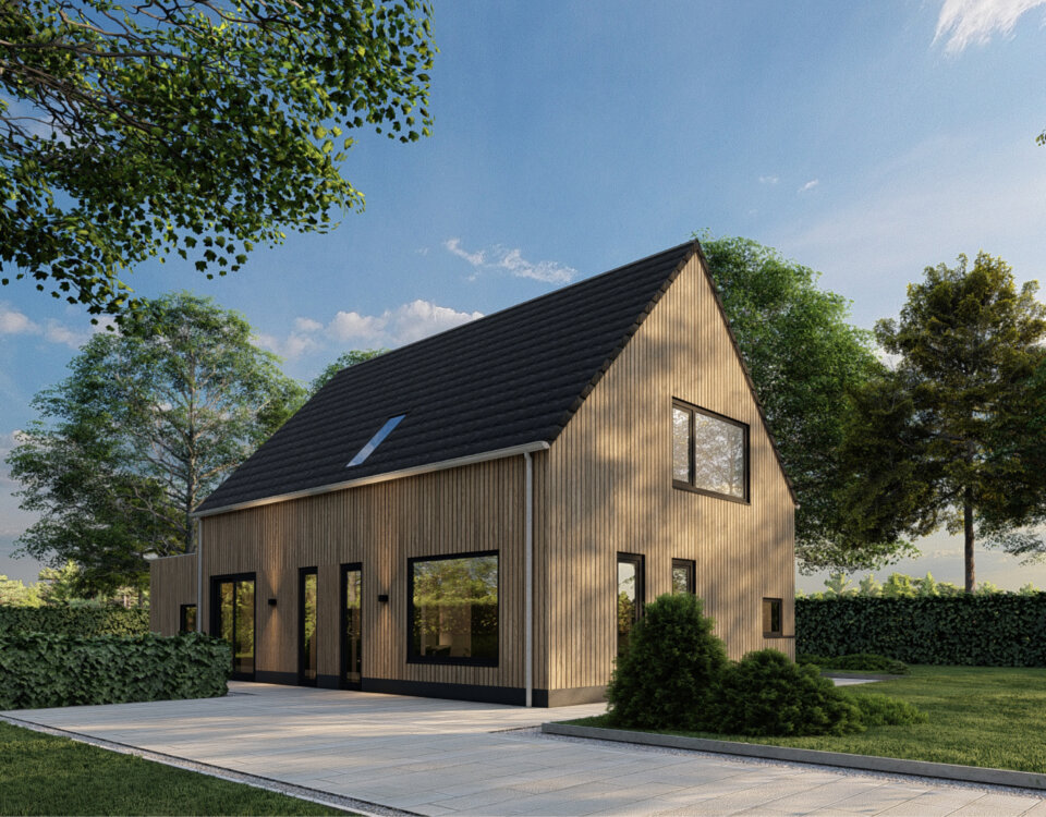 Vrijstaande woning type Hulsen van Innoblox. Een concept woning die naar wens aan te passen is. Woning type Hulsen heeft een natuurlijke uitstraling met houten gevelbekleding.