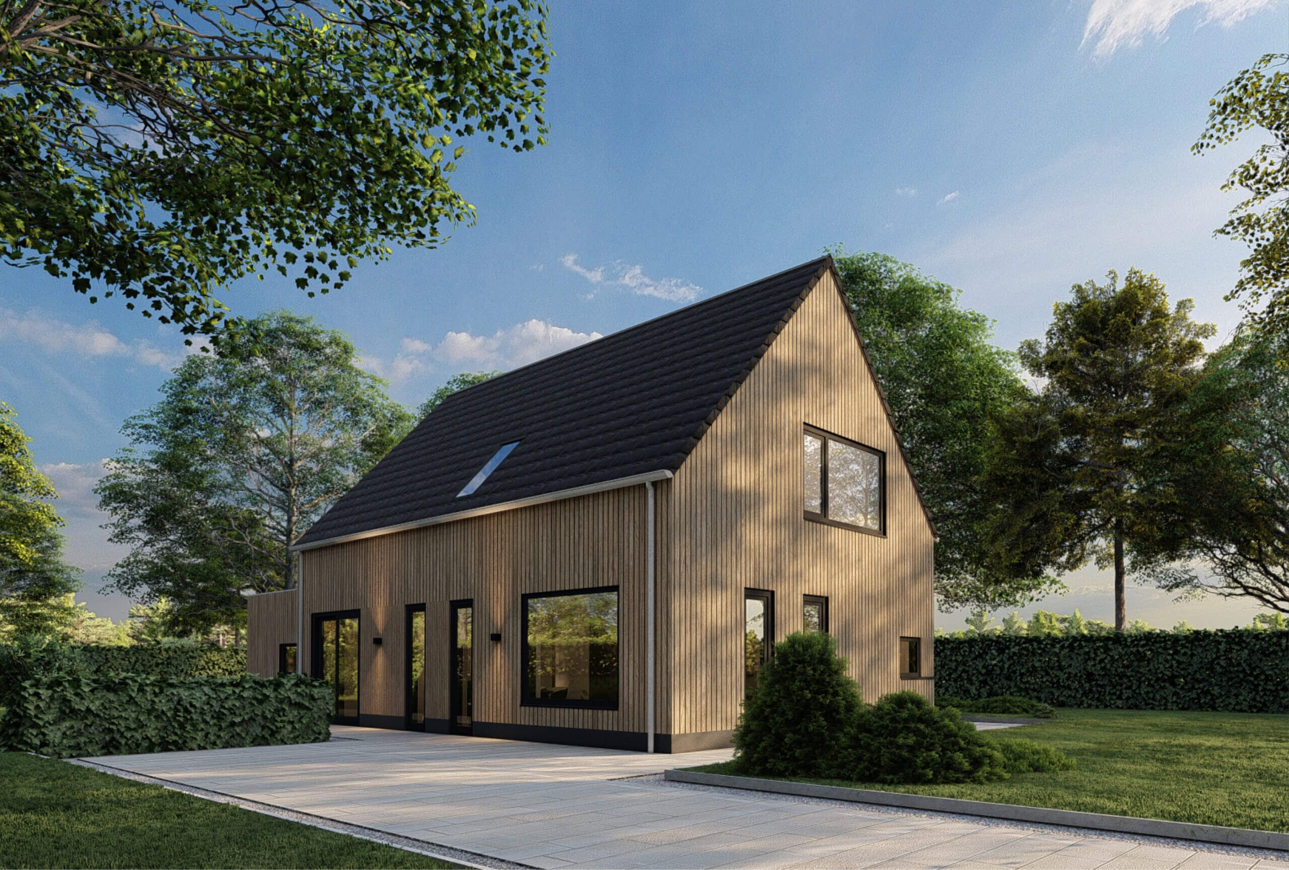 Vrijstaande woning type Hulsen van Innoblox. Een concept woning die naar wens aan te passen is. Woning type Hulsen heeft een natuurlijke uitstraling met houten gevelbekleding.